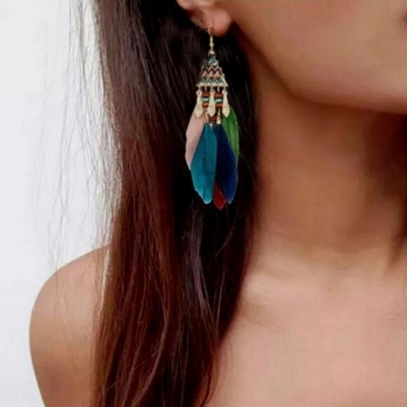 Multicolor Boho Feather Aztec Pyramid Earrings - Picture 4 of 4